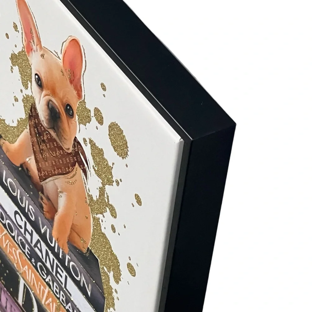NEW Frenchie on a Stack of Luxury Designer Books Framed Canvas Art 11x14